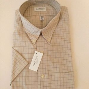 Van Huesen Tan Purple Half Sleeve Men's Dress Shirt sz XL 17 1/2"